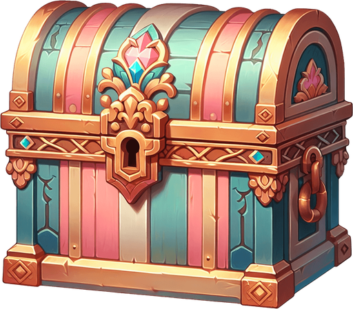 сундук с сокровищами с видом спереди, постэльные цвета.
Single Game Texture.  In-Game asset.  2d.  Blank background.  High contrast.  No shadows