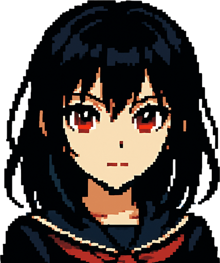 Beautiful anime-style girl with black hair and red eyes. Game image. 2D. High contrast. No shadows. Pixel art..
In-Game asset.  2d.  High contrast.  No shadows