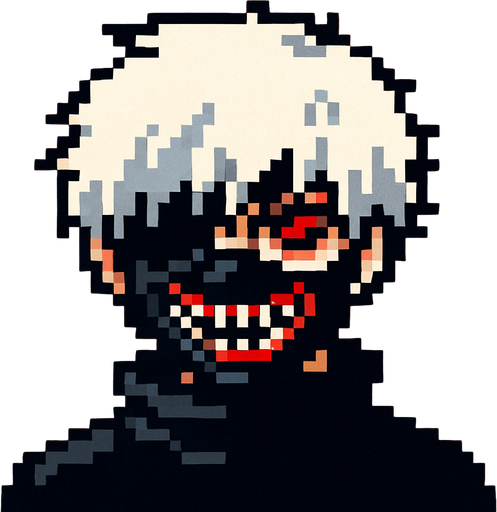 KANEKİ PİXEL ART GHOUL.
In-Game asset.  2d.  High contrast.  No shadows