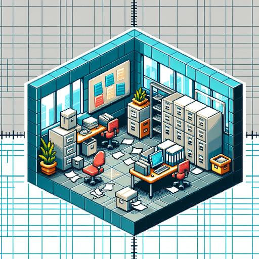 Single Game Texture. In-Game asset. 2D. Blank background. High contrast. No shadows. A pixel-art retro office background featuring cubicles, filing cabinets, and scattered papers. The design is simple but vibrant, with blocky shapes and bright colors suitable for a static 2D game environment..
Single Game Texture. In-Game asset. 2d. Blank background. High contrast. No shadows.