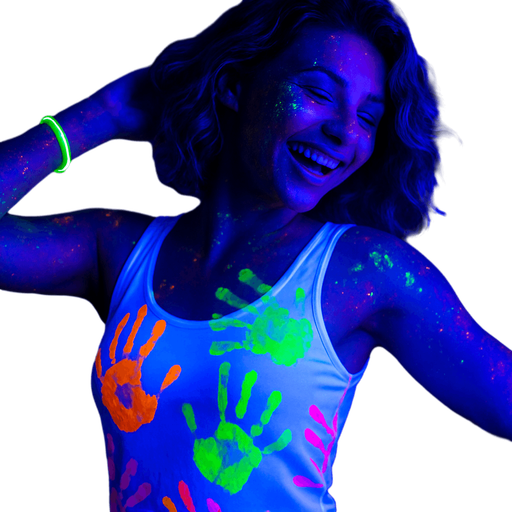 Dancing woman in a white top filled with multi-colored UV ink palm prints. UV luminous bracelet on the arm