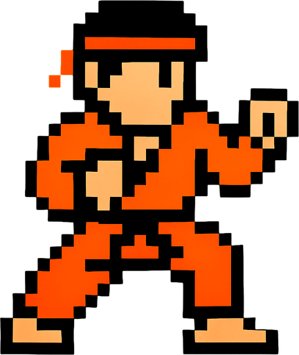 An orange fighter karate 8 bit style.
In-Game asset.  2d.  High contrast.  No shadows