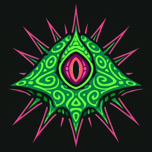 Alien mothership with spikes and glowing patterns and alien eye in middle.
In-Game asset.  2d.  High contrast.  No shadows