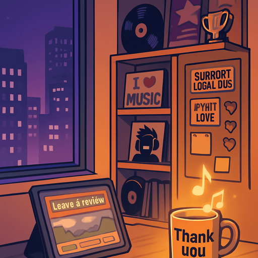 A 2048x2732 vertical background illustration in a semi-realistic comic book style. The scene takes place in another corner of the same urban apartment — this time showing an open space near a shelf filled with music memorabilia, fan-made items, and a pinboard with stickers like “Support Local DJs”, “Upvote Love”, and pixel-style hearts. A tablet on the desk is open to a game page with a “Leave a review” banner. There’s a soft spotlight on a coffee mug with “Thank you” written on it and glowing music notes floating around it. The city lights outside still shine in purples and blues, but this part of the room feels more hopeful and connected. The vibe is warm, welcoming, and subtly celebratory. No characters or text. In-game menu background, consistent with main menu themes..
In-Game asset.  2d.  High contrast.  No shadows