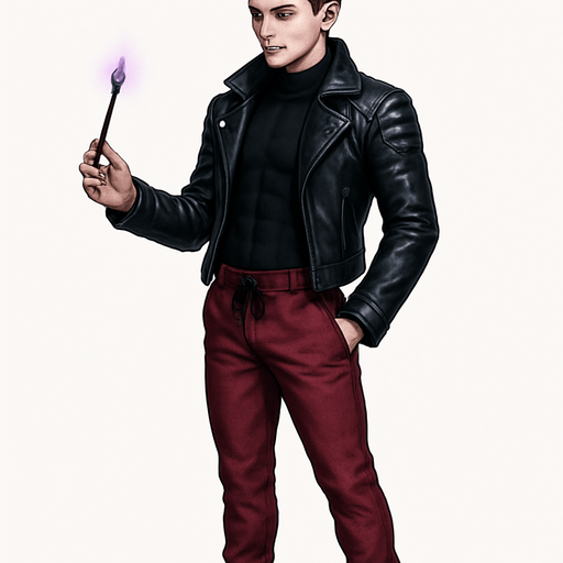 Swishy graceful man Cyberpunk manga, black leather biker jacket longsleeves shirtless Skinny abs blonde undercut pompadour vampire fangs guy, magic gemstone tipped wand, wine red joggers, combat boots, idle animation standing twirling wand, Background removed, "Full-body character, entirely in frame, no cropping of face, head, or feet" "Complete character visible, from head to toe, fully centered in the image" "Entire character, including hair face and boots, fully within the frame" Character fully contained within frame, no edges cut off, fashion model style of vogue magazine Hair through boots visible