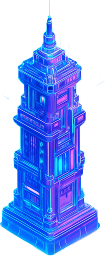 Top down isometric neon cyberpunk anime tower spire 3d hologram glowing  3d hologram hd large