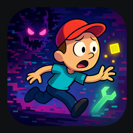 Modern App Store icon, high definition, square with rounded corners, for a game titled "Glitch Escape: Cartoon Apocalypse" and with the description "Navigate a cartoon character through a world being consumed by digital corruption. Dodge glitched enemies, collect uncorrupted pixels, and use debugging powers to survive the spreading digital apocalypse. Race against time to reach the source code and save the cartoon universe from total corruption.". No text on icon!
