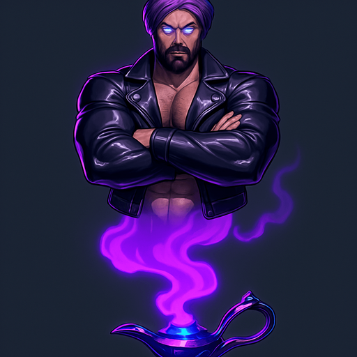 Flexing idle animation body animation Cyberpunk anime hunky Shiny black leather biker jacket Longsleeves shirtless pecs abs hunky Arab turban beard glowing eyes genie djinn arms crossed vaporous tail billows from magic lamp futuristic crystal gemstone genie lamp monster bulging biceps background removed , "Full-body character, entirely in frame, no cropping of face, head, or feet" "Complete character visible, from head to toe, fully centered in the image" "Entire character, horns, tail, & hooves, fully within the frame" Character fully contained within a square frame, no edges cut off, macho anime realistic proportions