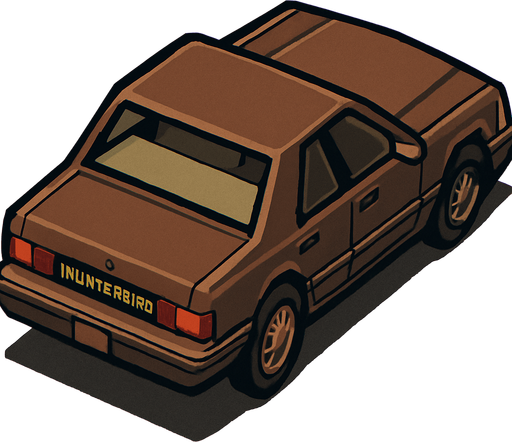 Brown Ford sedan thunder bird car, seen from behind Top-down, gta2, Single Game Texture. In-Game asset. 2d. Blank background. High contrast. No shadows.isometric its looks retro. In-Game asset. 2d. High contrast. No shadows