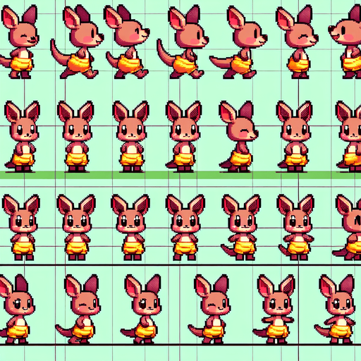 A spritesheet with a number of poses of an happy little female kangaroo in a banana skirt, smiling, walking, waiting, standing, ordering, turning, etc. all seen from the side.The spritesheet should be laid out in a rectangular grid with clear space between each individual sprite. Each sprite in the sheet should be around 300x600 pixels in size..
Single Game Texture. In-Game asset. 2d. Blank background. High contrast. No shadows.