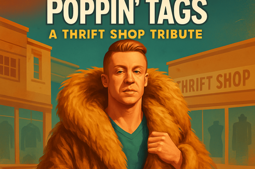 Fullscreen modern App Store portrait banner, high definition, for a game titled "Poppin' Tags: A Thrift Shop Tribute " Macklemore in picture