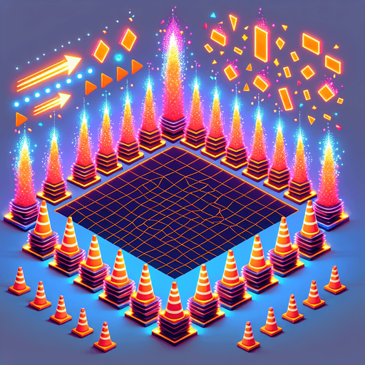 Neon orange cones (80px tall) in zigzag patterns

Behavior:

Knocked over with satisfying clatter sound

Perfect center-jump makes them explode into confetti

Pattern: Groups of 3-5 with varying spacing.
Single Game Texture.  In-Game asset.  2d.  Blank background.  High contrast.  No shadows