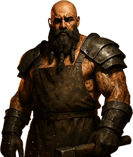 A towering warrior-blacksmith with soot-covered muscles and iron gauntlets, standing before a blazing forge. Male, 47 years old, bald with a thick black beard braided with iron rings, dark brown eyes, and deeply tanned, scarred skin. Wearing a leather apron and iron shoulder guards, wielding a massive smith-hammer. Sparks fly around him. Realistic, highly detailed, fiery forge setting. realistic.
In-Game asset.  2d.  High contrast.  No shadows
