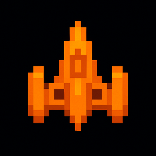It's a spaceship made of orange pixels, reminiscent of arcade games..
In-Game asset.  2d.  High contrast.  No shadows