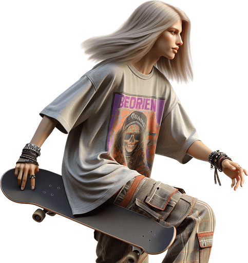 Photorealistic Avril Lavigne skateboarding, profile view.