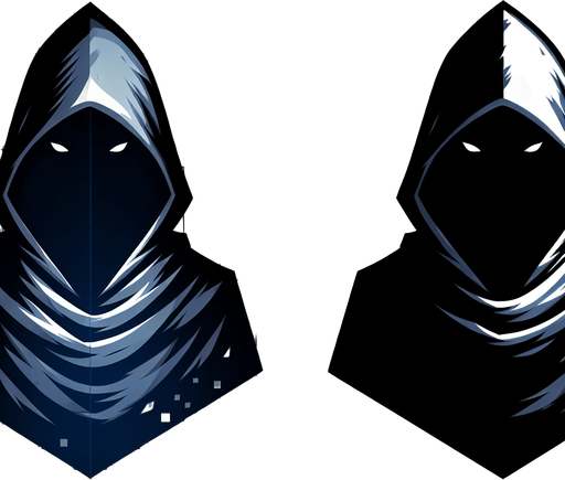 A stylized cloak hood casting a deep shadow, with only faint eyes or nothing visible within. Could also be a figure splitting into a solid version and a shadowy decoy..
Single Game Texture.  In-Game asset.  2d.  Blank background.  High contrast.  No shadows