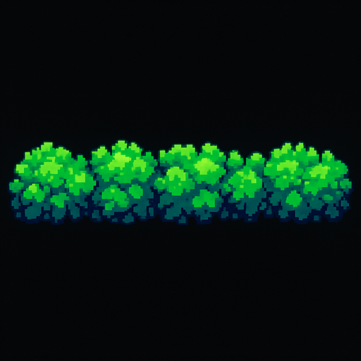 A long horizontal line of low bushes. Top down view. 80s arcade machine graphics..
In-Game asset.  2d.  High contrast.  No shadows