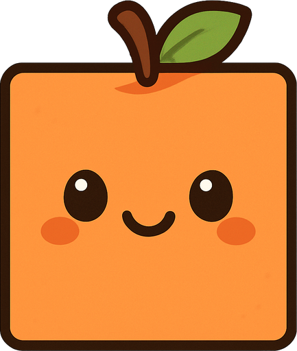Square orange peach with cute happy face. Cartoon style. Cute art style. Simple vector style. No Shadow Single Game Texture. In-game asset. 2d. Blank background. High contrast. No shadow. square with corners