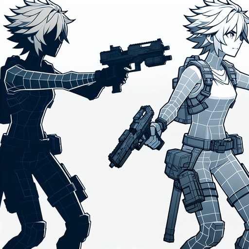 a cool player with gun seeing left size.
Single Game Texture. In-Game asset. 2d. Blank background. High contrast. No shadows.