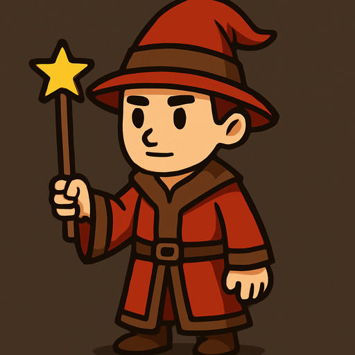 Mago con sombrero rojo y marrón sin barba con varita con estrella, de cuerpo entero.
In-Game asset.  2d.  High contrast.  No shadows