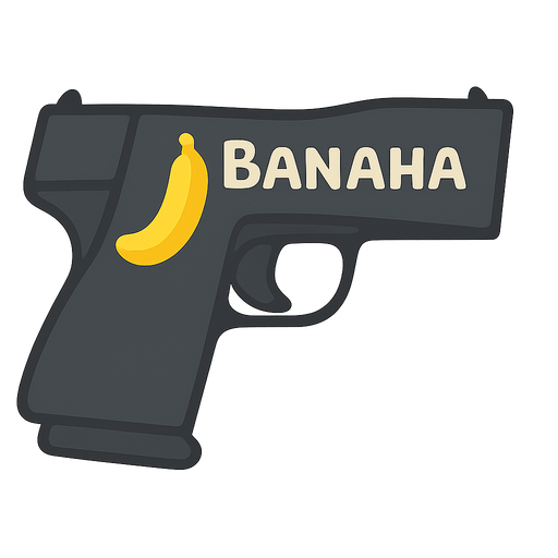 Gun with a banana symbol. No background. Transparent background. Blank background. No shadows. 2d. In-Game asset. flat