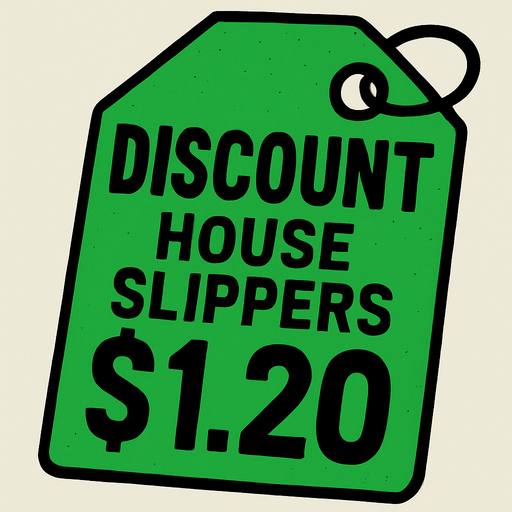 green price tag that says discount house slippers $1.20.
In-Game asset.  2d.  High contrast.  No shadows