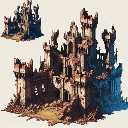 Château fort détruit.
Single Game Texture. In-Game asset. 2d. Blank background. High contrast. No shadows.