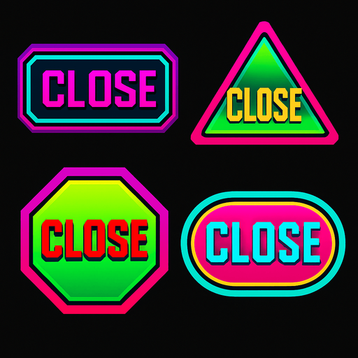 Close buttons random shapes & have text 'Close'. HD colors. Cyberpunk. Abstract. Different colors.
In-Game asset.  2d.  High contrast.  No shadows