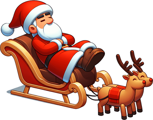 A lazy santa clause on his sleigh with reindeers. 2d cartoon, side view Single Game Texture. In-Game asset. 2d. Blank background. High contrast. No shadows.