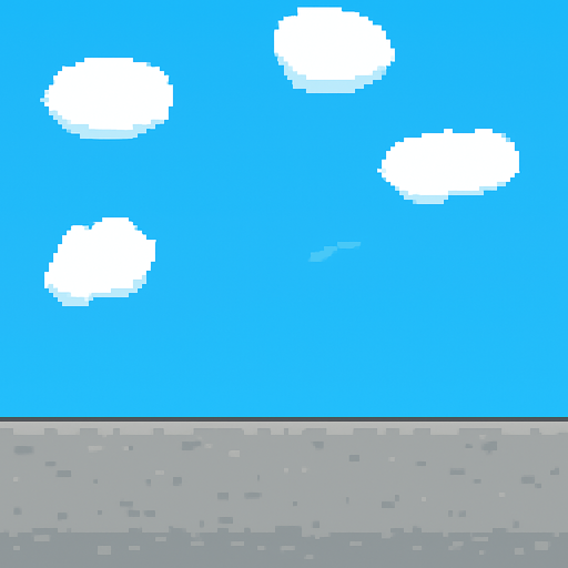 2d pixel art background. bottom part is gray concrete. top part is sky and clouds. 2d. In-Game asset. flat