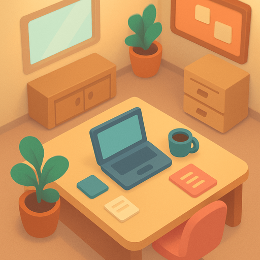 A blurred background in aspect ratio 9/16 showing an office from above. Cute soft graphics. soft ambient light. semi-matte to satin surfaces. naturalistic with slight saturation boost colors. Tone is premium, friendly, clean with lifestyle or service-oriented appeal.
In-Game asset.  2d.  High contrast.  No shadows. top down. View from above..
In-Game asset.  2d.  High contrast.  No shadows