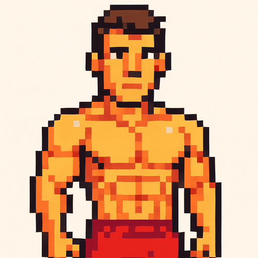 Hombre atlético mirando a la cámara pixel art.
In-Game asset.  2d.  High contrast.  No shadows