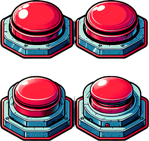 A spritesheet showing only 2 sprites, of the unpressed and pressed states of a BIG RED BUTTON respectively . The sprites in the sheet should be laid out with transparent space between them in clearly defined rectangular areas. The button itself should be large and round, like on old arcade game machines, with a plastic inset around it, and when it's pressed down, it should appear lower relative to that plastic ring, so that it is visibly easy to distinguish between the pressed down and unpressed state..
Single Game Texture. In-Game asset. 2d. Blank background. High contrast. No shadows.