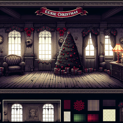 Eerie Christmas-inspired fuse similar to a resident evil room
Single Game Texture. In-Game asset. 2d. Blank background. High contrast. No shadows.