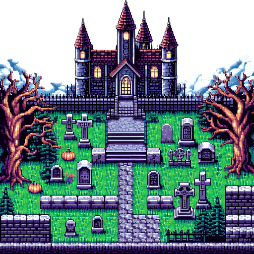 A pixel art large background in a Super Nintendo, Super Castlevania style with an open world like cemetery, 3/4 viewpoint
 
Single Game Texture. In-Game asset. 2d. Blank background. High contrast. No shadows.