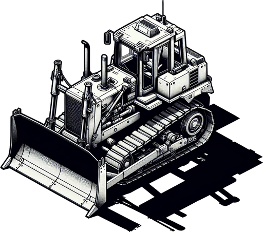 A bulldozer seen from stricly from the top..
Single Game Texture. In-Game asset. 2d. Blank background. High contrast. No shadows.
