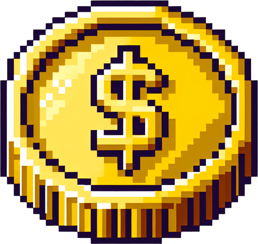 gold coin, $ sign on it, snes art.
Single Game Texture.  In-Game asset.  2d.  Blank background.  High contrast.  No shadows