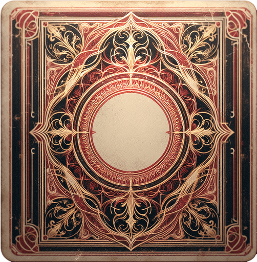 The back of a card. It's a faded red color and features a beautiful gold Edwardian design. The cards look slightly old, as if used for many years..
Single Game Texture. In-Game asset. 2d. Blank background. High contrast. No shadows.