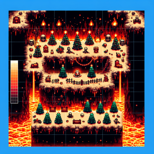 16 bit top view background of a christmas field set in hell Single Game Texture. In-Game asset. 2d. Blank background. High contrast. No shadows.