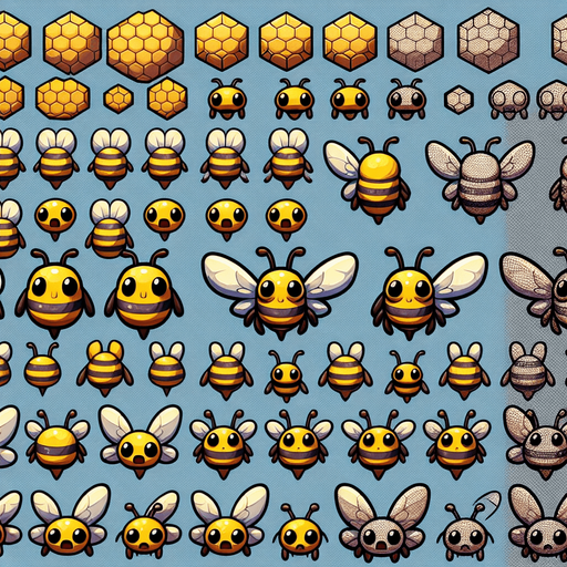 A sprite sheet of bees flying. Birds Eye view. No wings. Bold cartoon graphics. Looking down on bee
Single Game Texture. In-Game asset. 2d. Blank background. High contrast. No shadows.