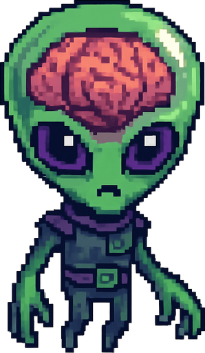 El alien debe ser un personaje de aspecto inteligente y misterioso en estilo pixel art, con una gran cabeza semitransparente que permita ver un cerebro rosado o verdoso expuesto, con textura simple y líneas marcadas que lo hagan reconocible; los ojos deben ser grandes, brillantes y expresivos, de color azul, morado o rojo, transmitiendo inteligencia o curiosidad; su cuerpo debe ser delgado o compacto, con brazos largos o dedos visibles, de color verde, gris o púrpura, con detalles mínimos como placas, símbolos alienígenas o un cinturón tecnológico; puede flotar o tener animación de levitación, con fondo transparente y un estilo que combine lo caricaturesco con lo ligeramente inquietante, perfecto para un juego de ciencia ficción o niveles espaciales..
In-Game asset.  2d.  High contrast.  No shadows
