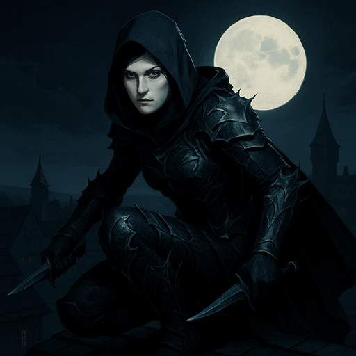 A fierce assassin in obsidian armor and a hooded cloak, crouched on a rooftop under the moonlight. Female, 33 years old, lean and deadly, short jet-black hair, piercing ice-blue eyes, pale porcelain skin. Her armor is adorned with thorn motifs. A poisoned dagger in each hand. Background shows a quiet castle town below. Realistic, highly detailed, stealthy night-time mood. reaalistic.
In-Game asset.  2d.  High contrast.  No shadows