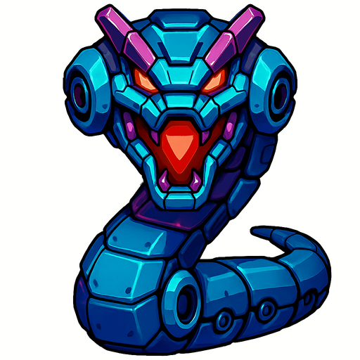 different big cyber snake Robot enemy from the front side facing camera. HD colors. separated
In-Game asset.  2d.  High contrast.  No shadows
