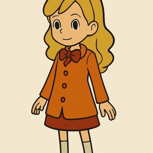 12yo blonde girl in professor Layton game style.
In-Game asset.  2d.  High contrast.  No shadows