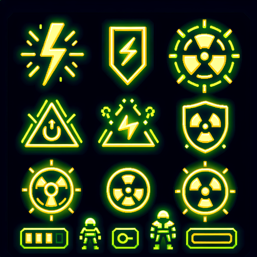 A sprite sheet that has power up icons. Icons include lightning bolt, shield, radioactive symbol and a small soldier. Cyberpunk and using neon glow. Green and yellow highlights. 
Single Game Texture. In-Game asset. 2d. Blank background. High contrast. No shadows.