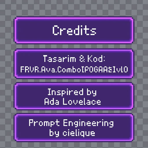 A transparent background pixel art UI table showing game credits. Each credit line is inside a separate softly glowing purple pixel-style rectangular box. Pixel font text is centered in each box and reads:

"Credits"
"Tasarım & Kod: FRVR.Ava.Combo[POGAAS].v1.0"
"Inspired by Ada Lovelace"
"Prompt Engineering by cielique"

No background or shadows. Only the pixel table with glowing boxes and readable pixel-style text. Maintain a clean, retro-modern design suitable for overlaying on a DJ bar scene. Resolution: 2048x2732, vertically aligned..
In-Game asset.  2d.  High contrast.  No shadows