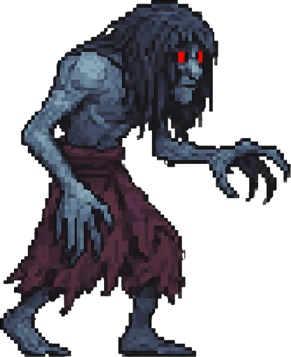 Create a pixel-art monster character inspired by Turkish folklore, specifically "Gulyabani" – a tall, lanky, ghostly creature with pale, bluish-gray skin, long tangled hair covering parts of its face, and glowing red eyes. It should wear torn Ottoman-style rags, with long sharp fingers and a hunched back. Its movement should look floaty and eerie. Style should match 2D retro horror games. Transparent background PNG, facing left side, idle stance..
In-Game asset.  2d.  High contrast.  No shadows
