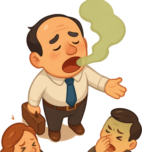 An office worker with extremely bad breath. People getting close get sick.. Full body viewed from the above. Cute soft graphics. soft ambient light. semi-matte to satin surfaces. naturalistic with slight saturation boost colors. Tone is premium, friendly, clean with lifestyle or service-oriented appeal.
In-Game asset.  2d.  High contrast.  No shadows. top down. View from above.