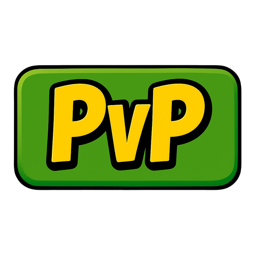 A 3:2 ratio rectangular green button that says “PvP” using this yellow font.