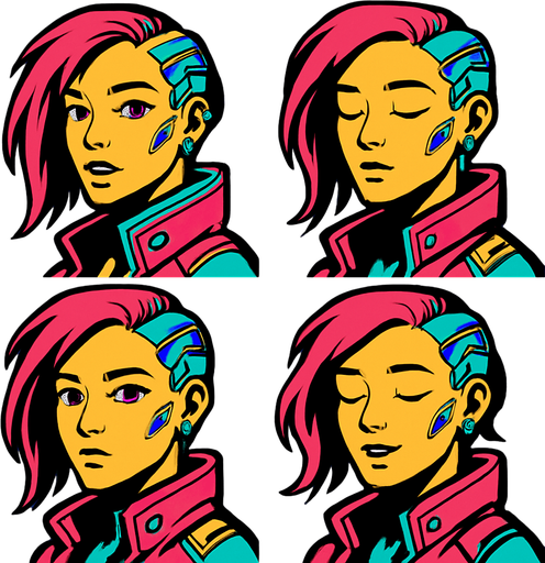 Cyberpunk girl looking to the camera by side, the half upper part of it only not all body, different frames opened eyes opened mouth, closed eyes closed mouth, opened eyes closed mouth, closed eyes opened mouth, each frame in one image.
In-Game asset.  2d.  High contrast.  No shadows